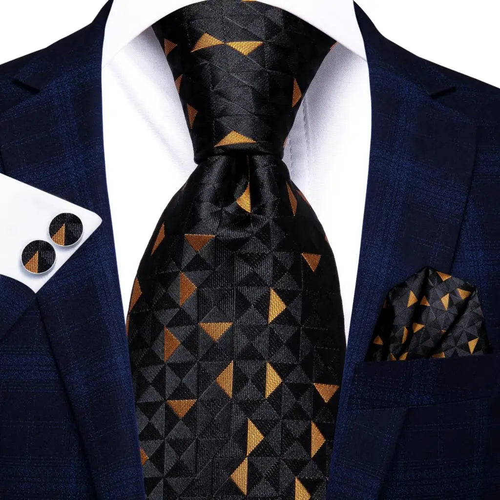 Hi-Tie 100% Silk Black Gold Jacquard Wedding Necktie Set