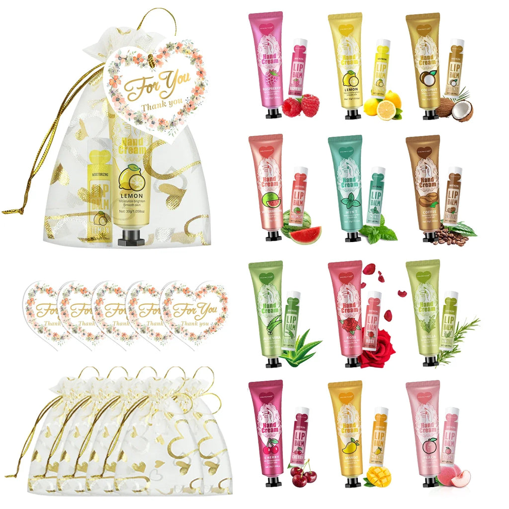 12-Piece Hand Cream & Lip Balm Gift Set | Net Bag & Card Beauty Gift Set Qme