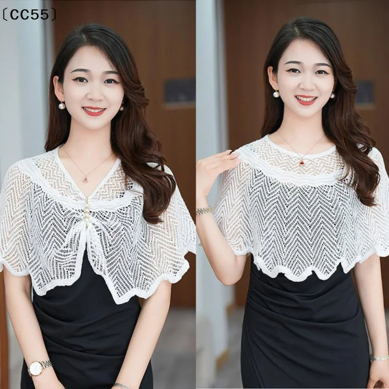 Women's Knit Shawl with Pearl Brooch – Lightweight Cape Knit Shawl Cape Qst