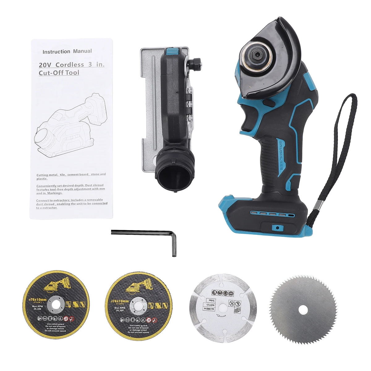 Cordless Angle Grinder 14000RPM Brushless Kit + 4 Discs Cordless Angle Grinder Qst Blue 220V-240V EU Plug