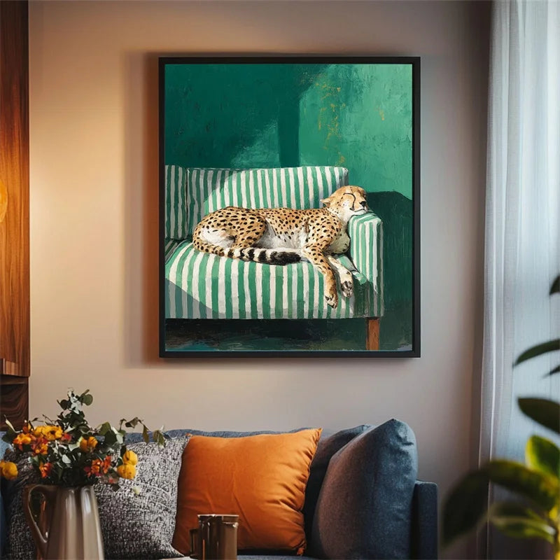Leopard Canvas Wall Art – Minimalist Greenish-Gray Cheetah Print Canvas Wall Art Qst