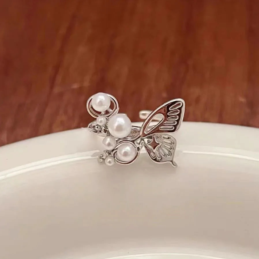 Silver Hollow Butterfly Pearl Open Adjustable Ring Fashion Ring Qme