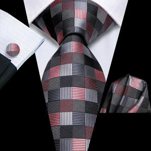 Men's Silk Necktie Pocket Square Cufflinks 3-Piece Set Formal Accessory Set Qme DPTH-HT-LDSN3986