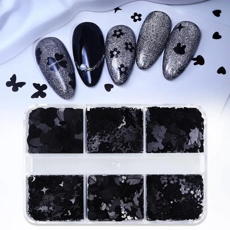 6-Grid Nail Glitter Set – Heart Butterfly Star Sequins DIY Nail Art Glitter Qst