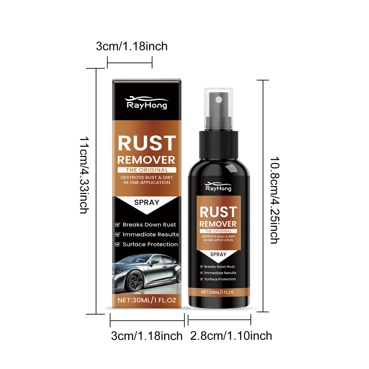 Rayhong Car Rust Remover Spray – Metal Gloss Restoration 30ml Car Rust Remover Qst 1pc