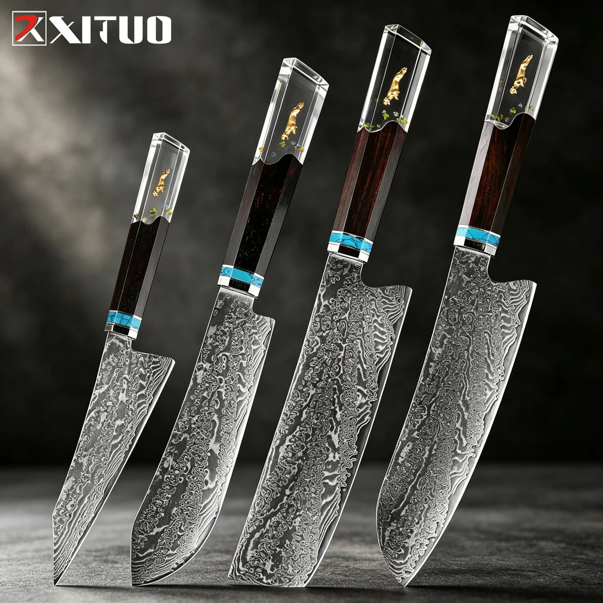 XITUO 6-Piece Damascus Steel Kitchen Knife Set – Resin Handle Kitchen Knife Set Qst 4PCS Knife