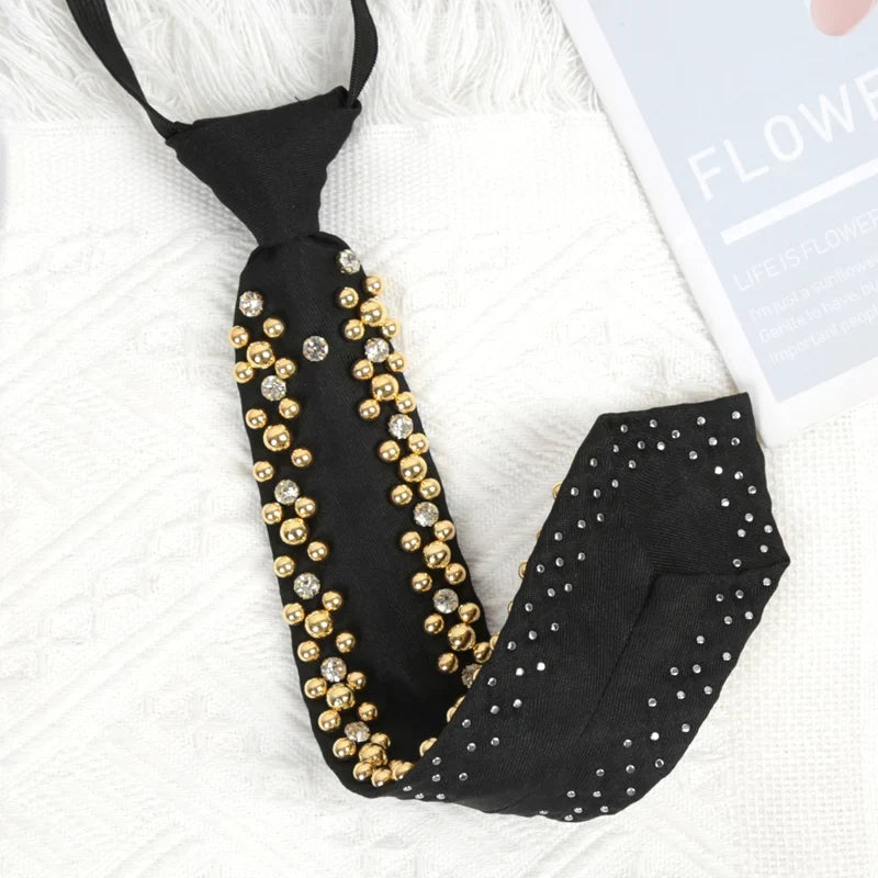 Women's Pearl Beaded Black Necktie – Handmade Fashion Tie Beaded Necktie Qme