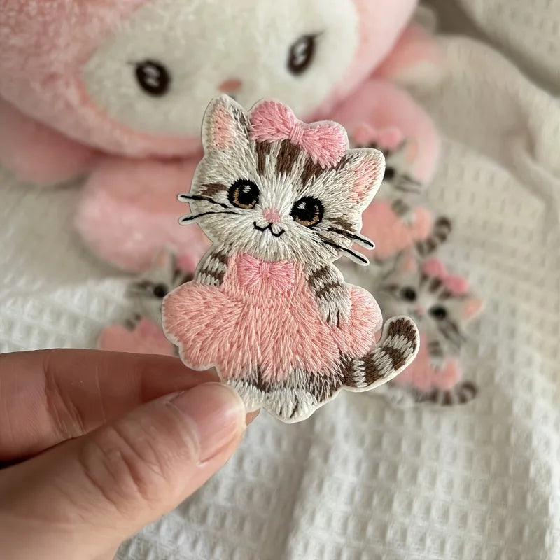 Pink Bow Cat Iron-On & Self-Adhesive Embroidery Patch Iron-On Embroidery Patch Qme
