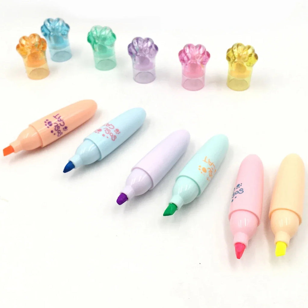 Kawaii Mini Cat Claw Highlighter Pen Set – 6 Cute Markers Highlighter Marker Set Qme