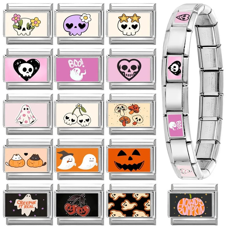 Halloween Skull Pumpkin Ghost Italian Charm Links | 25 Colors Italian Charm Links Qme