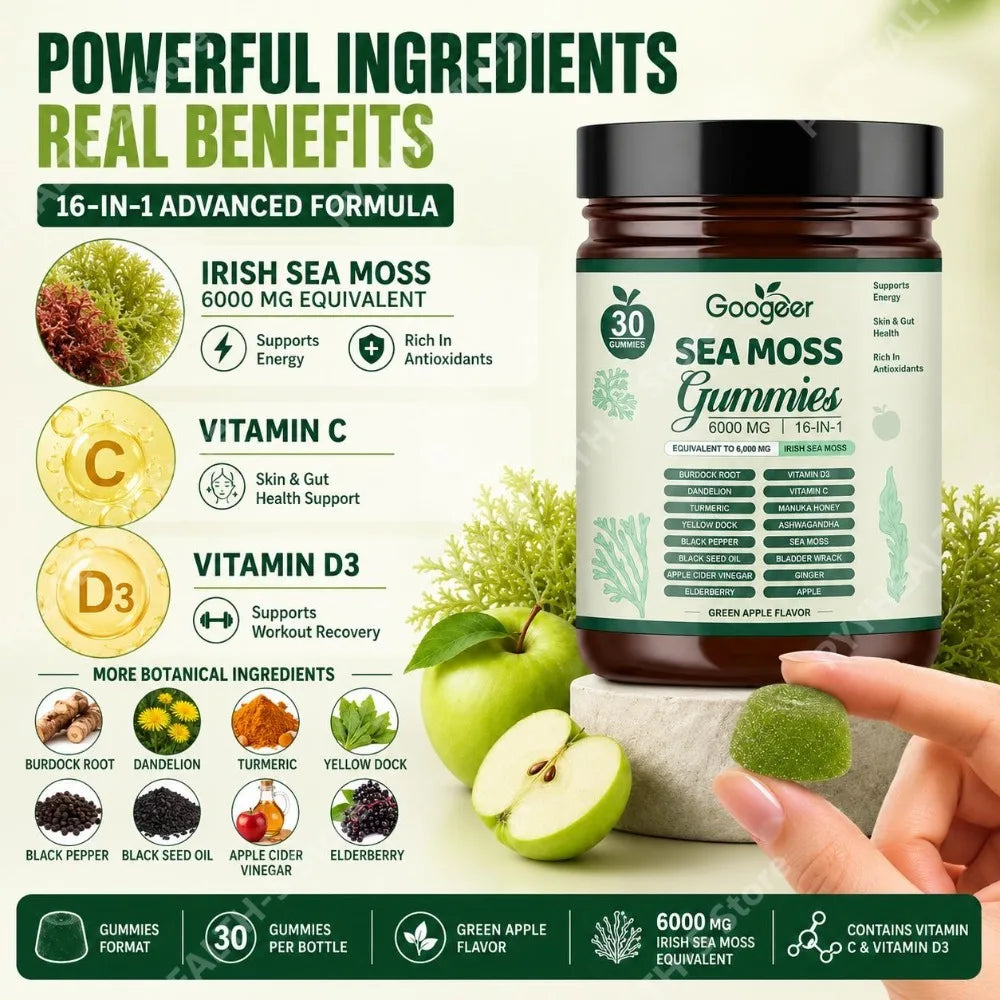 Googeer Sea Moss Gummies 16-in-1 6000mg Irish Sea Moss Vit C D3 Sea Moss Gummies Qst