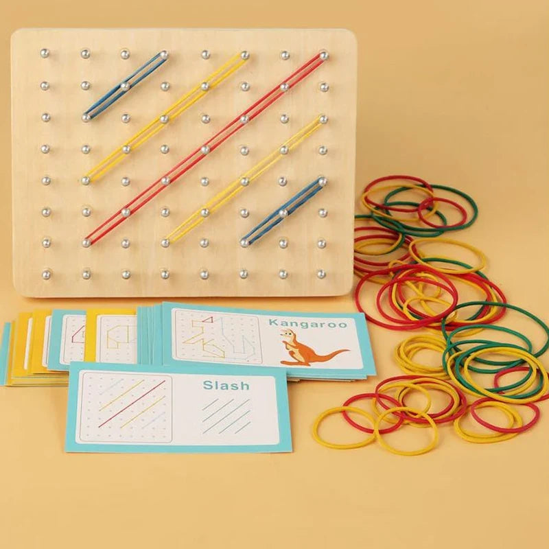 Wooden Geoboard Montessori Toy Set – Pattern Cards & Bands Montessori Learning Toy Qme