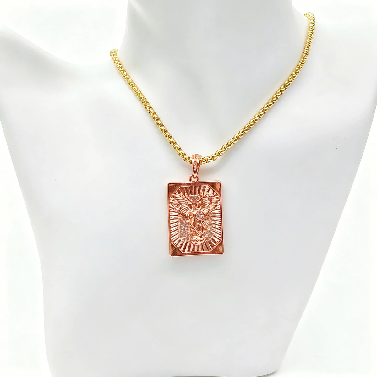 St. Michael Square Pendant Necklace | Gold Zircon Steel Religious Pendant Necklace Qme