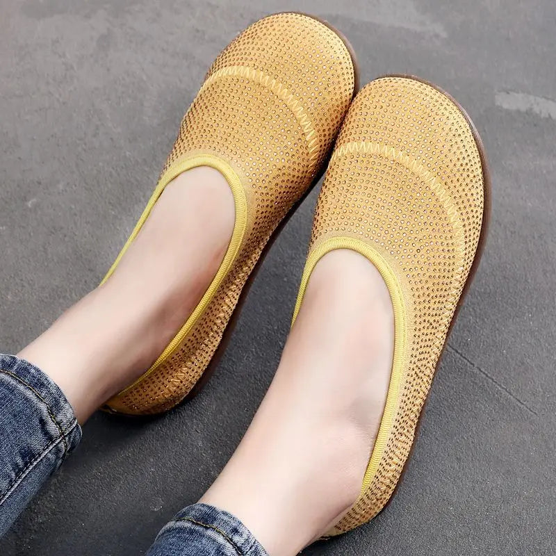 Women's Rhinestone Slip-On Canvas Flat Loafers | Beijing Style Flat Loafers Qst Yellow 39 CN