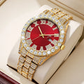 Men's Full Diamond Quartz Watch – Steel Band & Calendar Men's Quartz Watch Qme Gold Red No Box