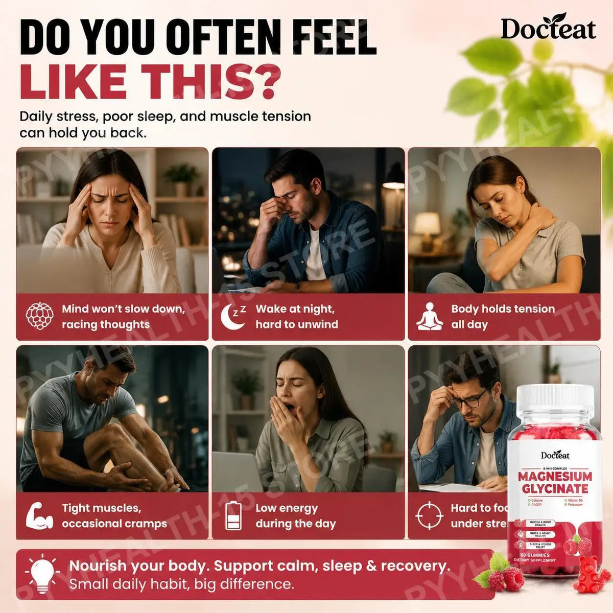 Docteat Magnesium Glycinate Gummies 60ct – GABA, CoQ10 & B6 Wellness Supplement Gummies Qst