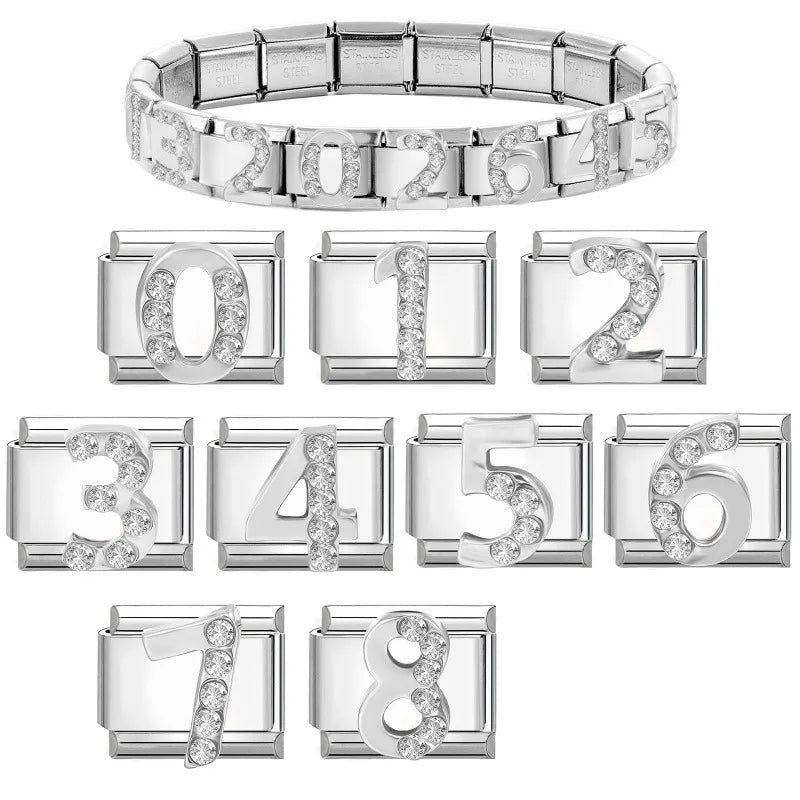Zircon Number Italian Charm Links 0-9 | Stainless Steel DIY Italian Charm Links Qme