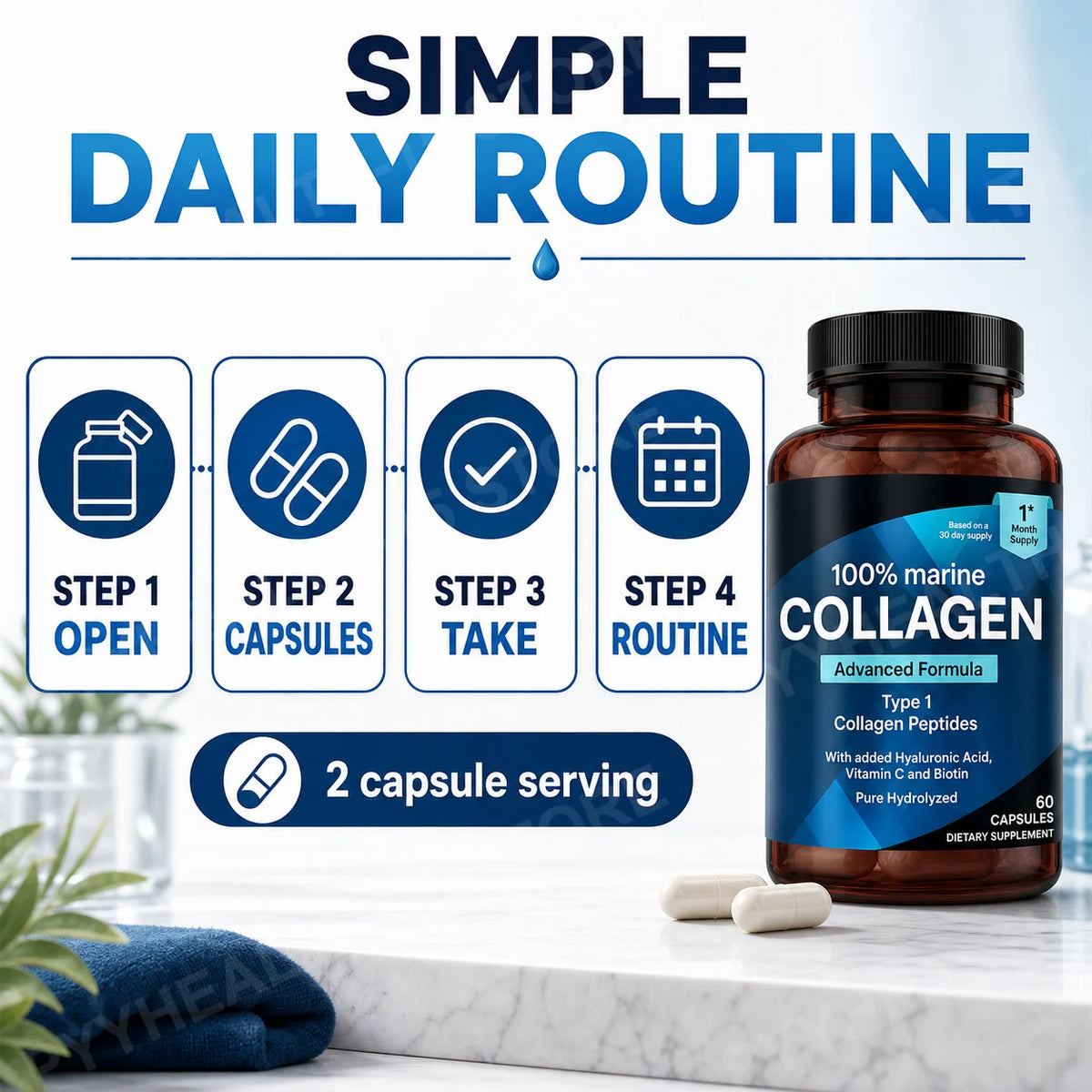 Marine Collagen Capsules – Type I Peptides, Hyaluronic Acid, 60ct Collagen Supplement Qst