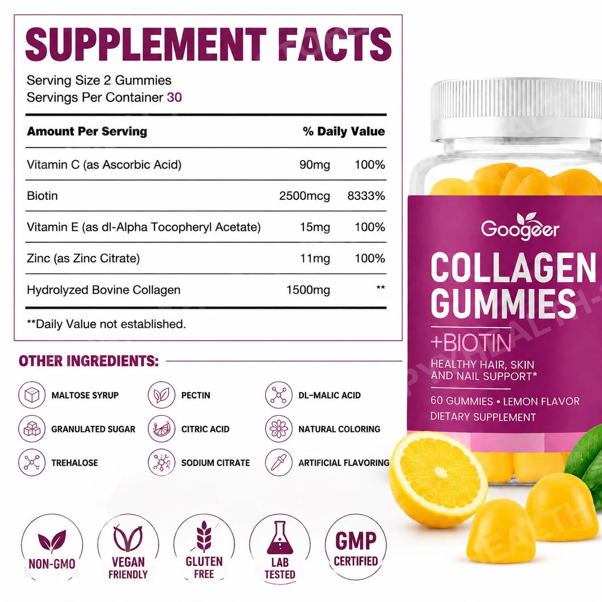 Googeer Collagen Gummies Biotin Vitamin C E Zinc – 60ct Collagen Gummies Qst