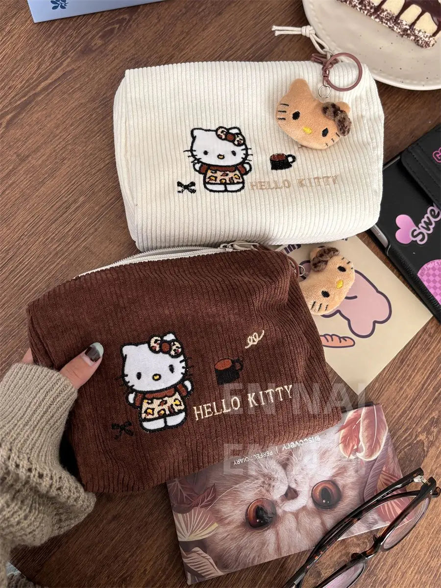 Hello Kitty Embroidered Corduroy Makeup Bag – Large Capacity Cosmetic Makeup Bag Qme