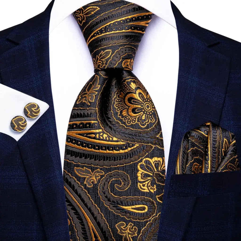 Hi-Tie 100% Silk Black Gold Jacquard Wedding Necktie Set Silk Necktie Set Qme SN-3913