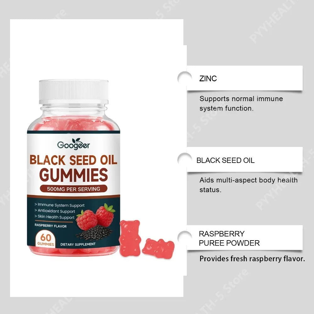 Black Seed Oil Gummies 500mg – Zinc, Pomegranate, Raspberry, 60ct Herbal Supplement Gummies Qst