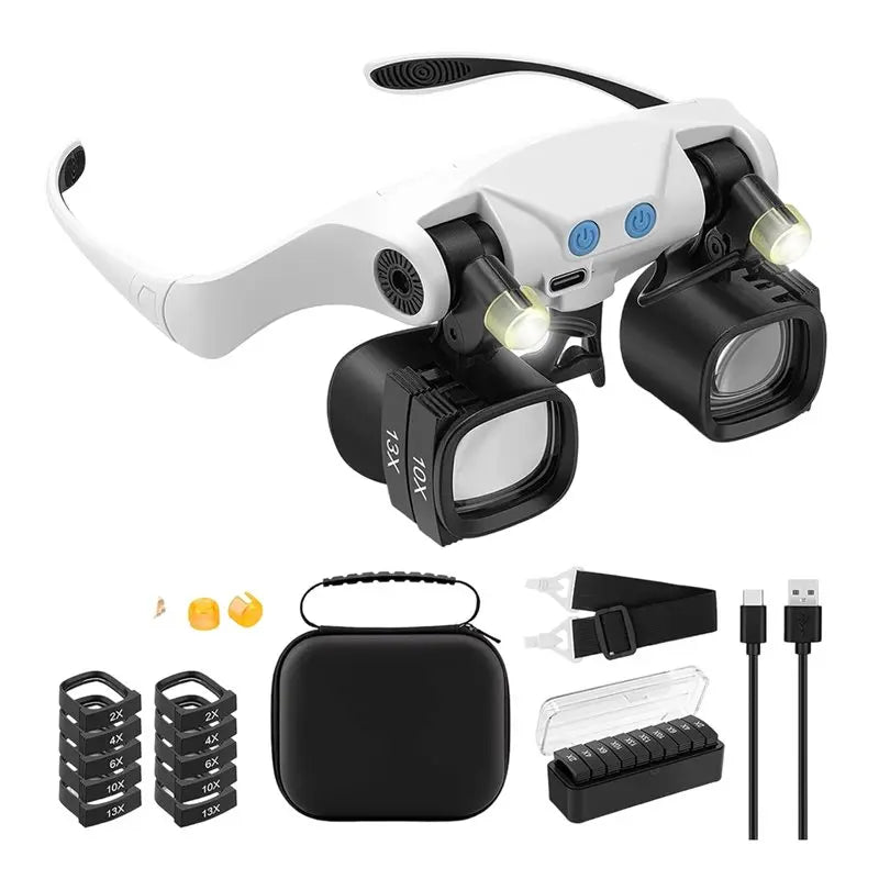 Jewelers Magnifying Glasses with LED Light & 5 Lens Pairs Magnifying Headband Glasses Qme BlackWhite