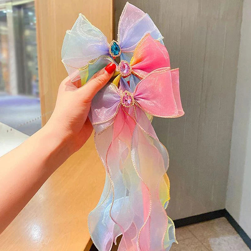 Girls Mesh Bow Hair Clip – Pearl Tassel & Crystal Headwear Hair Clip Qst