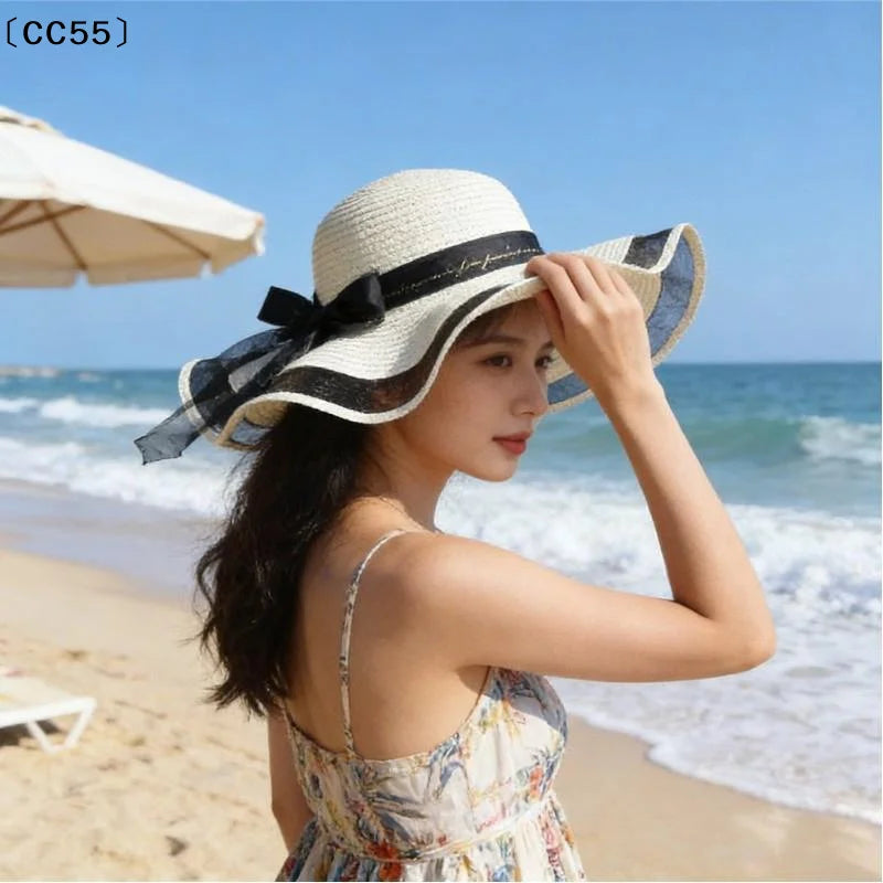 Wide Brim Straw Sun Hat – Lace Bow UV Protection Beach Cap Wide Brim Sun Hat Qst
