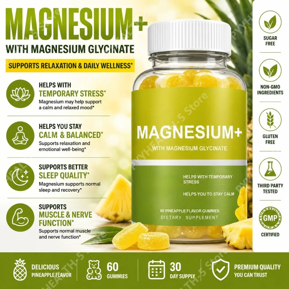 Magnesium Glycinate Gummies 60ct – Pineapple, Sugar Free Magnesium Supplement Qst