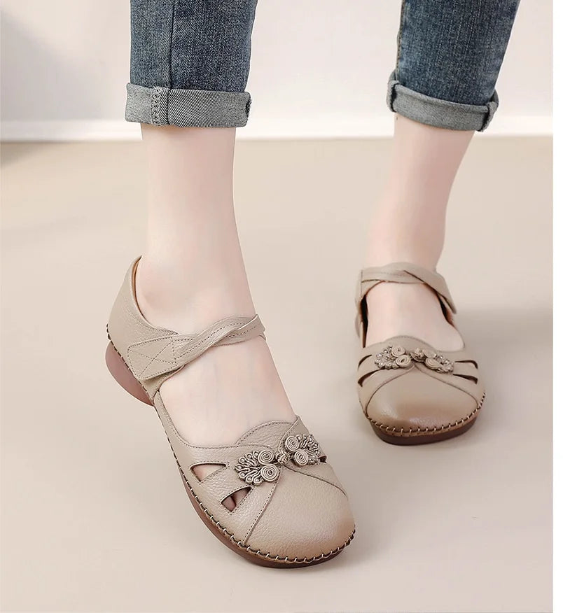 Women's Vintage Roman Flat Sandals – Elegant Leather Loafers Flat Sandals Qst
