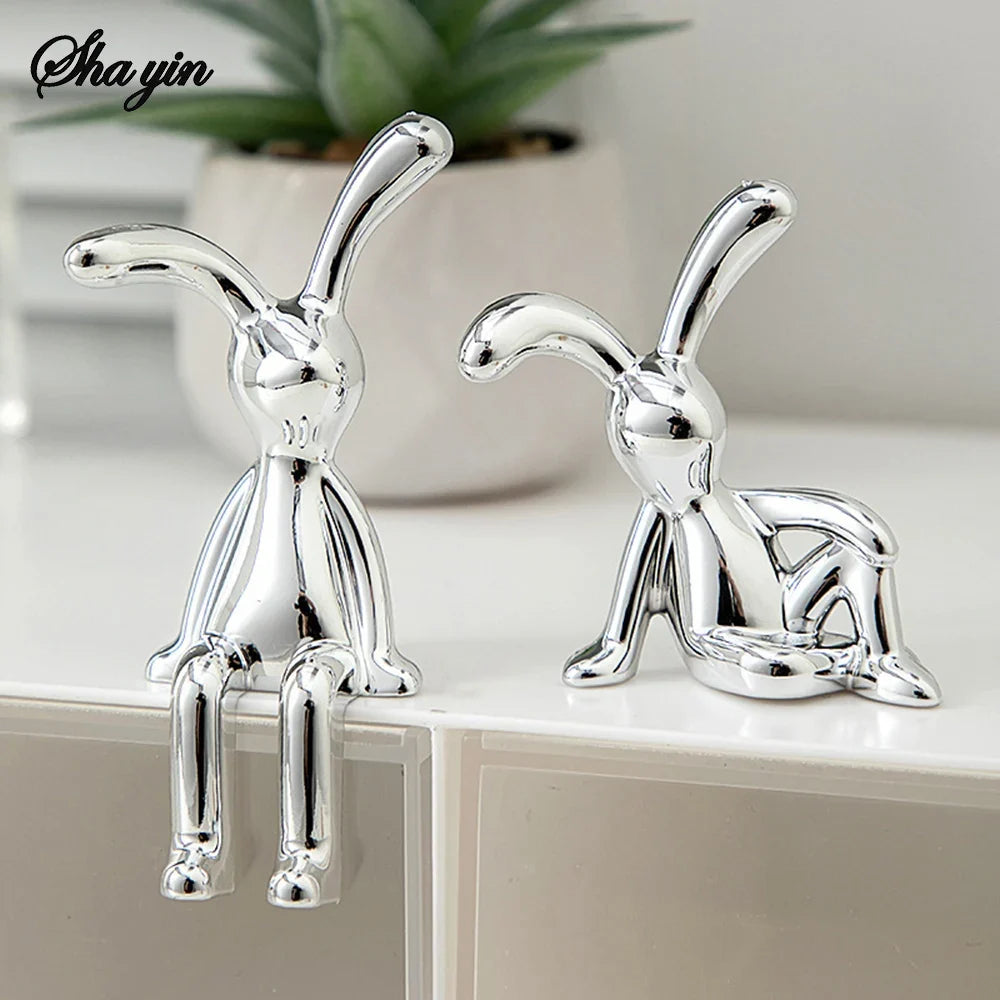 2PC Long-Eared Rabbit Cartoon Figurines | Home Desk Decor Decorative Figurine Set Qme