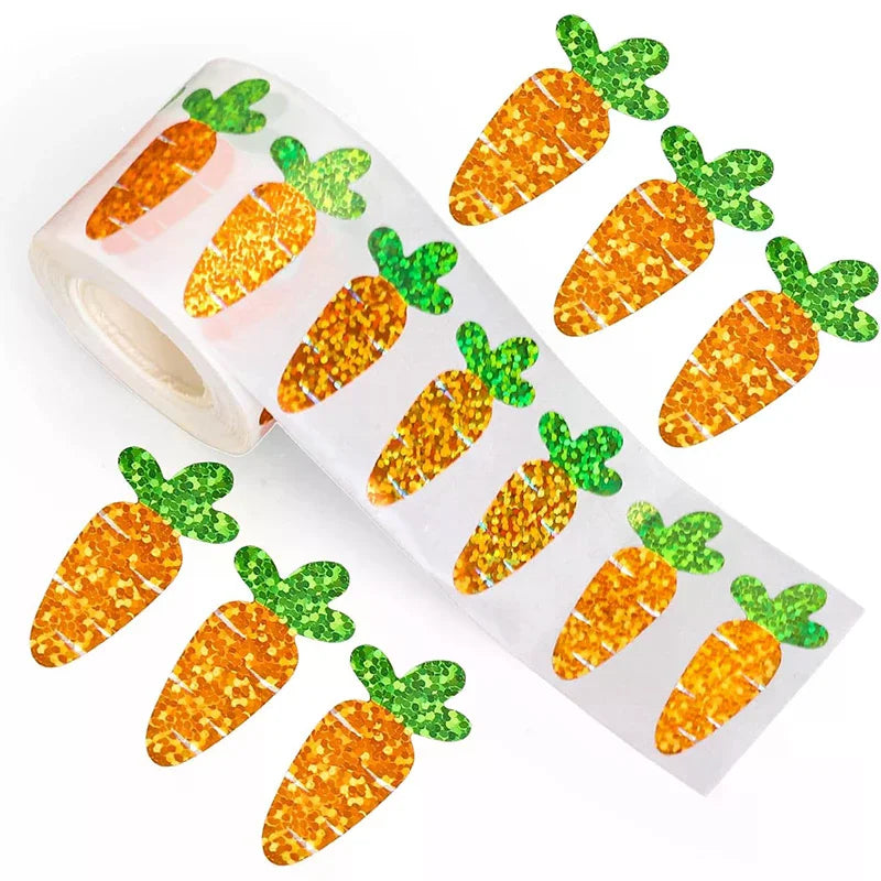 Holographic Easter Bunny & Carrot Stickers Roll – Waterproof Holiday Party Stickers Qme