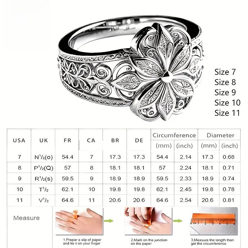 Vintage Flower Filigree Ring – Silver Hollow Floral Statement Filigree Statement Ring Qme