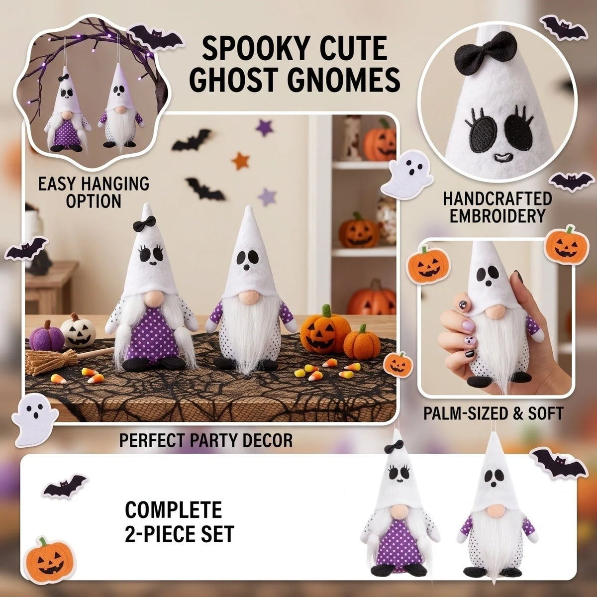 Handmade Fabric Halloween Gnome Ornaments – Faceless Décor Set Halloween Gnome Ornament Qme