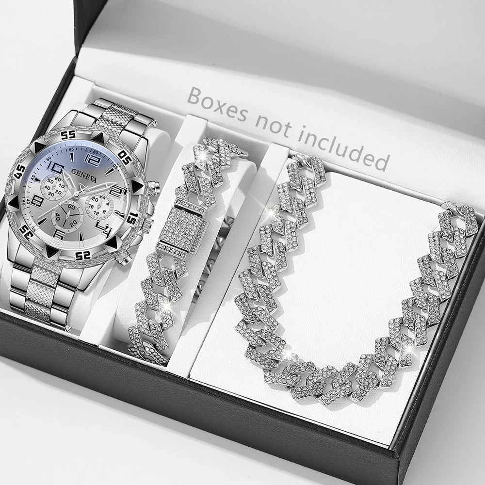 Geneva Silver Plate Men's Diamond Dial Steel Strap Watch Men's Fashion Watch Qme Silver