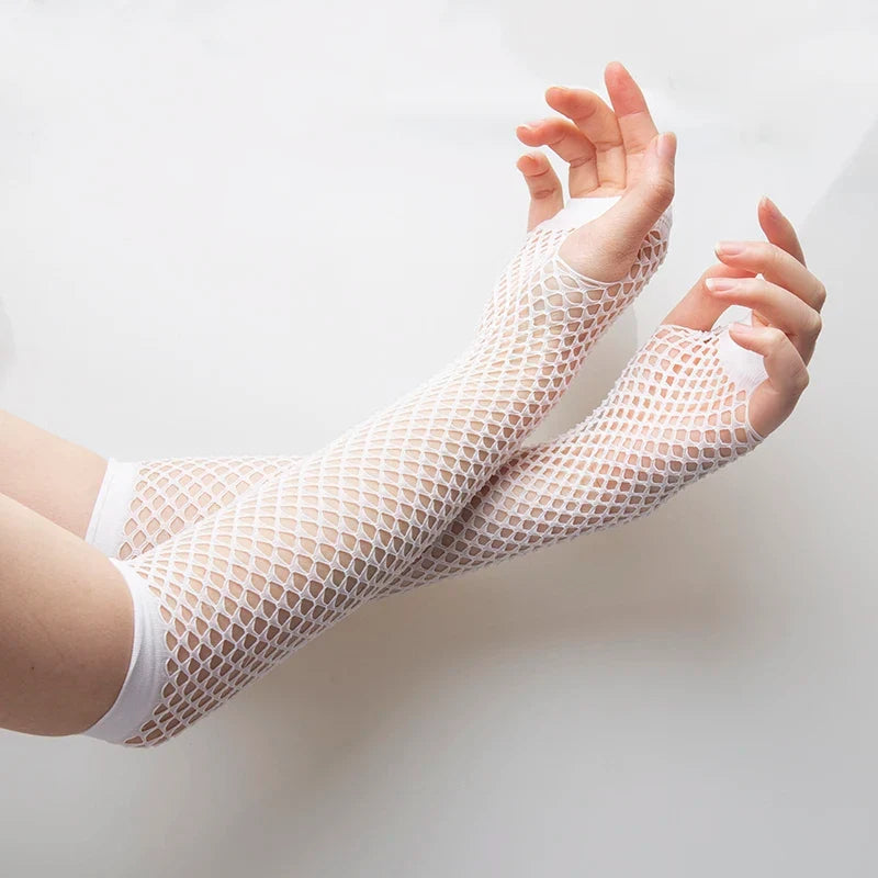 Women's Long Fishnet Fingerless Gloves – Punk Party Style Fishnet Fingerless Gloves Qme WHITE