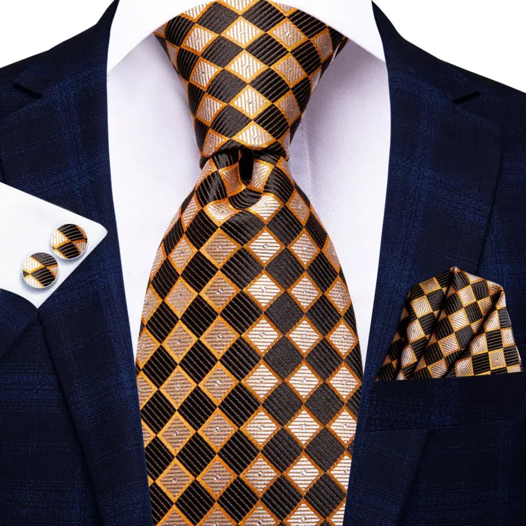 Hi-Tie 100% Silk Black Gold Jacquard Wedding Necktie Set