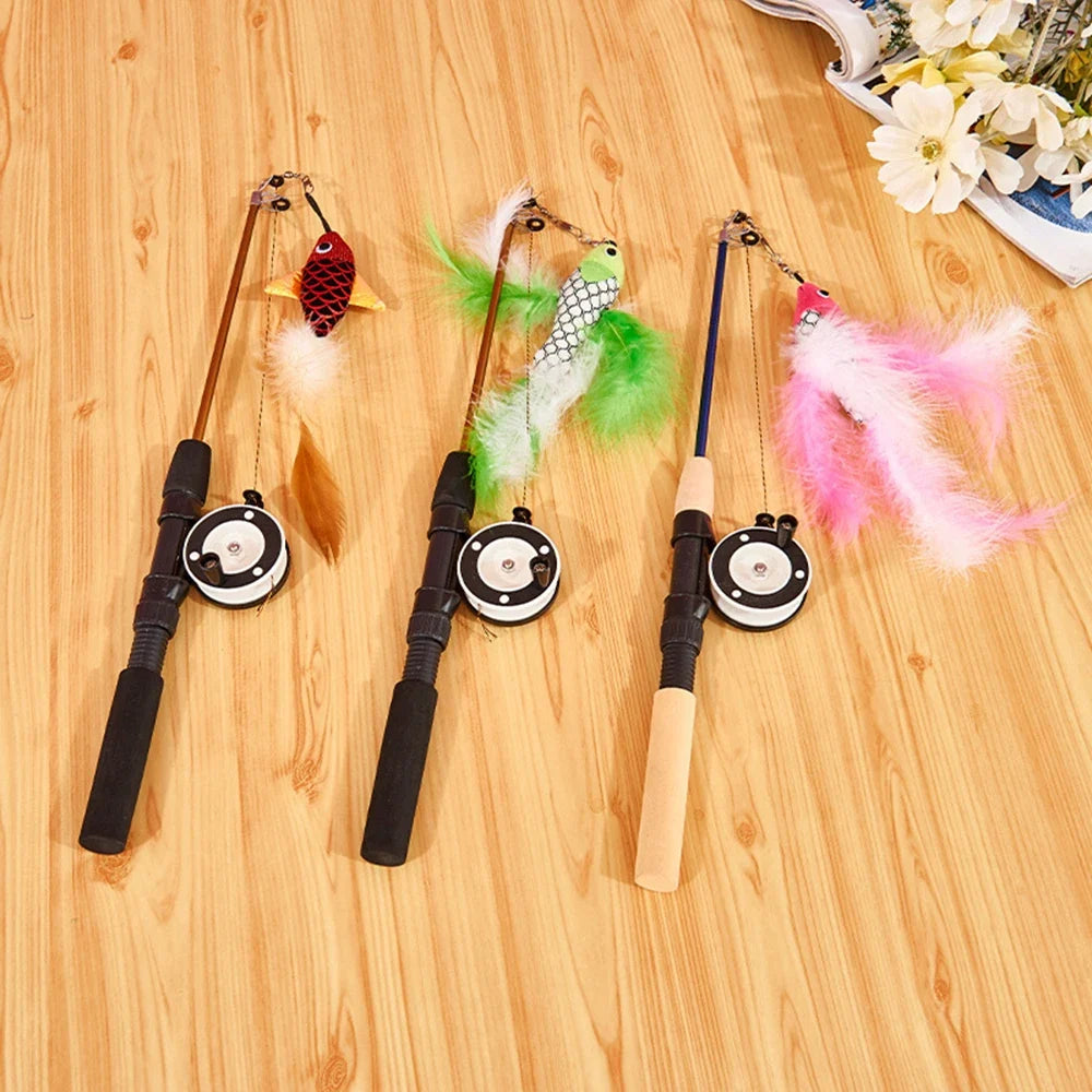 Retractable Feather Cat Toy Wand – Fish Telescopic Stick Cat Wand Toy Qme