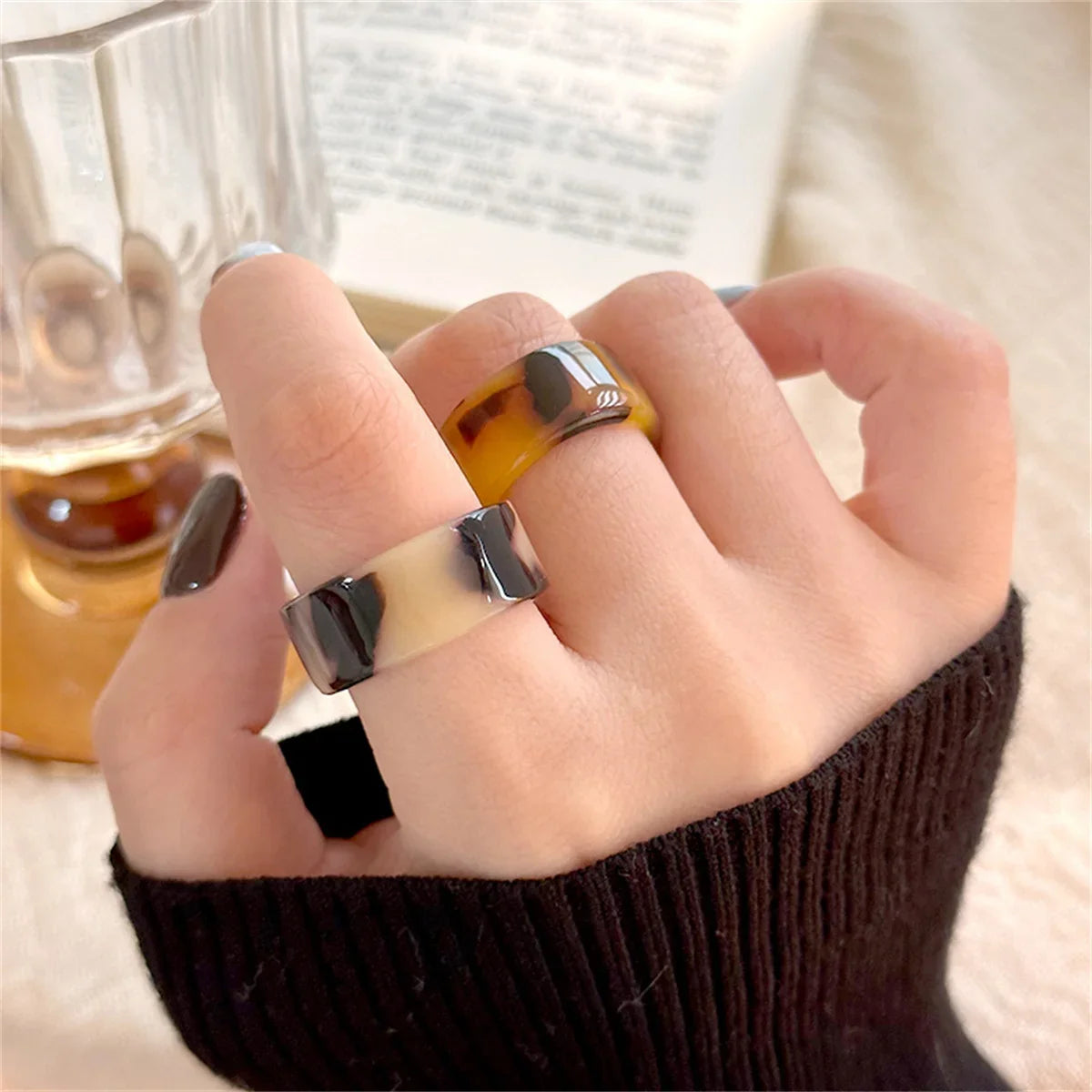 Leopard Print Amber Resin Geometric Open Ring | Adjustable Fashion Ring Qme