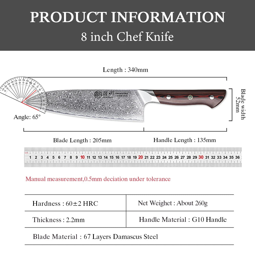 SHENGSHARP 8" Damascus Steel Chef Knife – G10 Handle, 67 Layers Chef Knife Qst