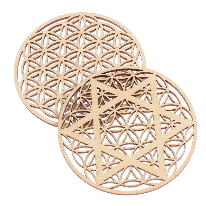 Chakra Flower Carved Natural Wood Coaster – 10cm Round Wood Coaster Qst