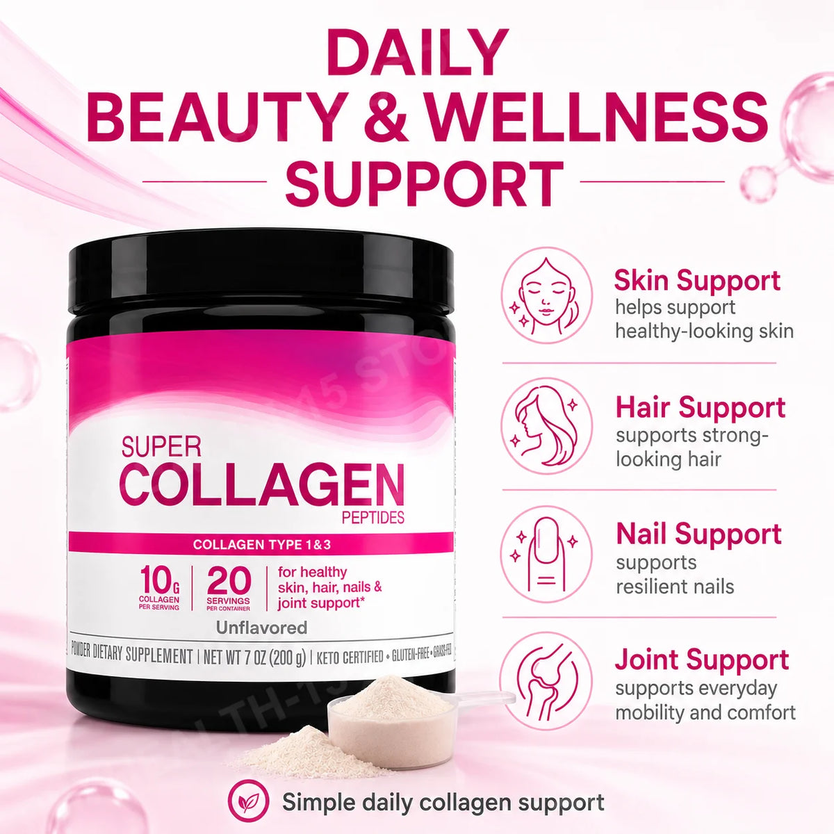 Unflavored Collagen Peptides Powder 10g Hydrolyzed Bovine – 20 Servings Collagen Supplement Qst