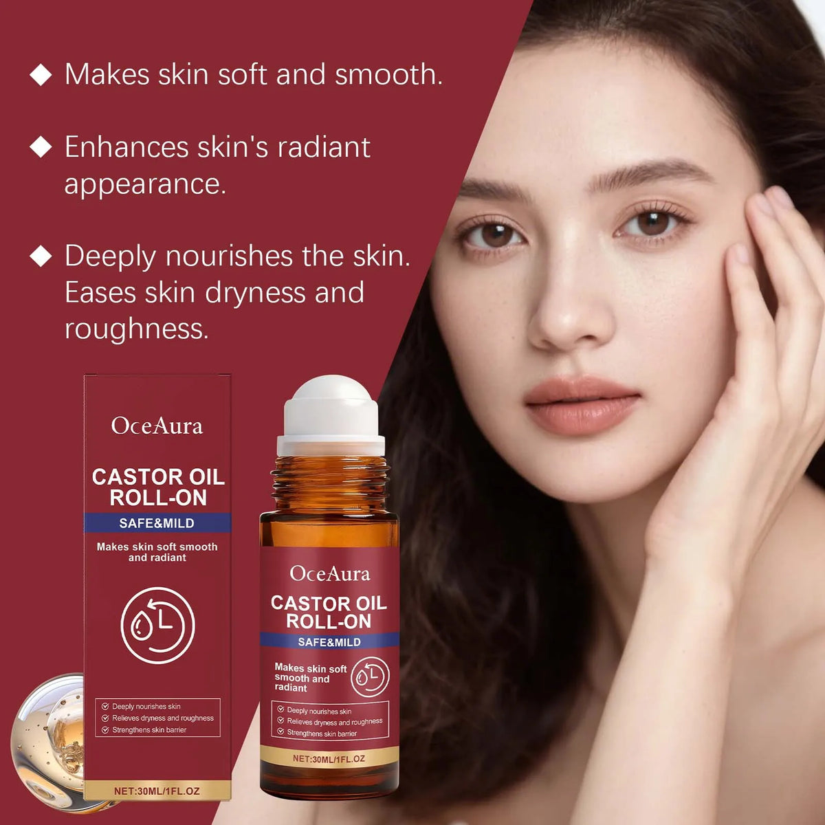 OceAura Castor Oil Roll-On Face Serum – Nourishing 30ml Face Serum Roller Qst