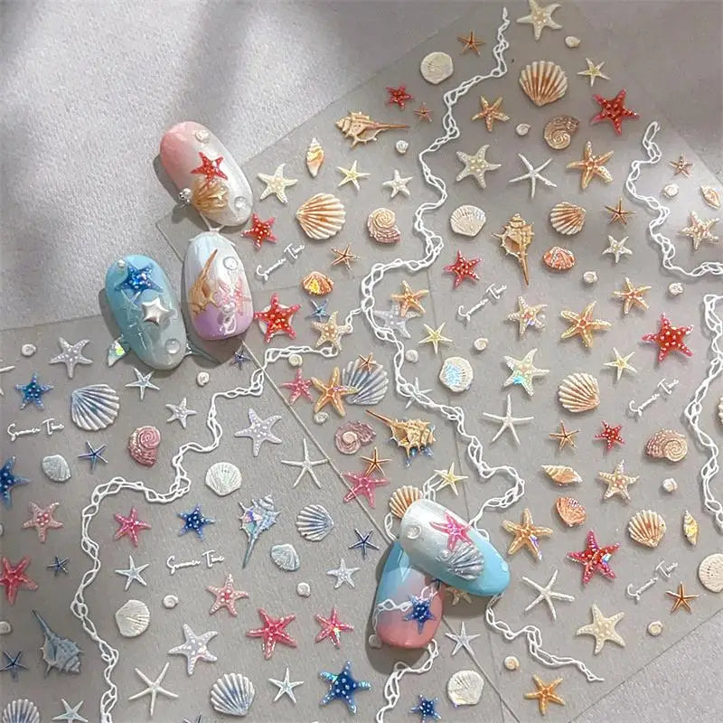5D Embossed Ocean Nail Stickers – Starfish & Seashell Decals Nail Art Stickers Qst