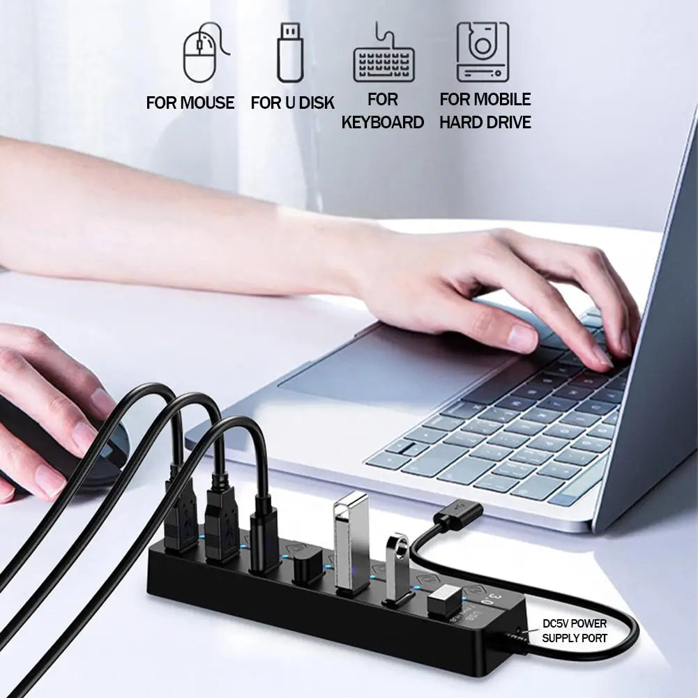 USB 3.0 7-Port Hub Multi Splitter Long Cable for PC & Laptop USB Hub Qme