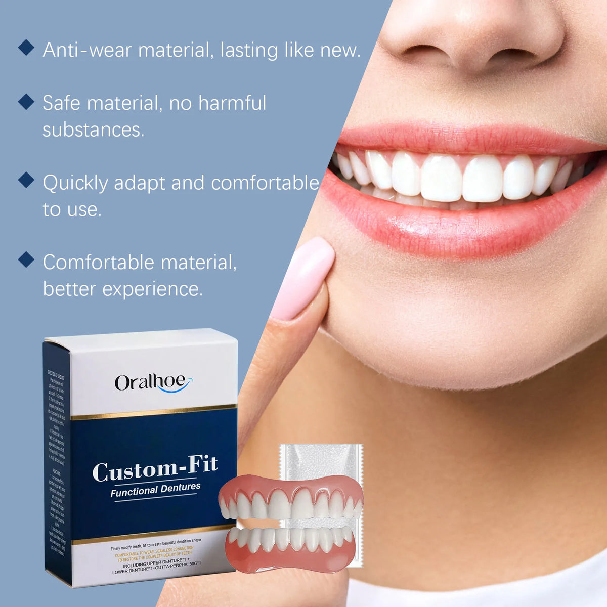 Oralhoe Soft Silicone Denture Kit – Upper & Lower Set Cosmetic Denture Kit Qst