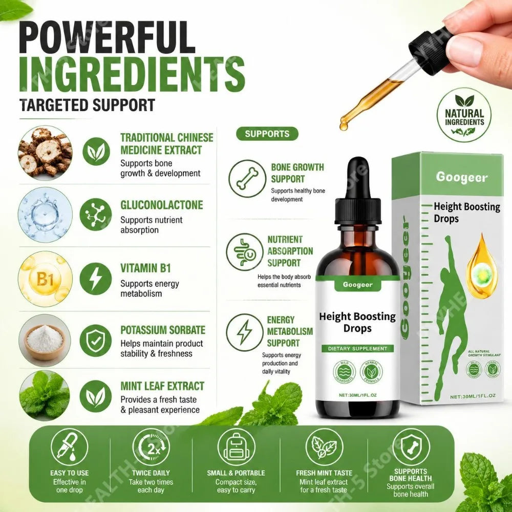 Googeer Height Drops – Vitamin B1, Gluconolactone & Mint 30ml Liquid Vitamin Drops Qst