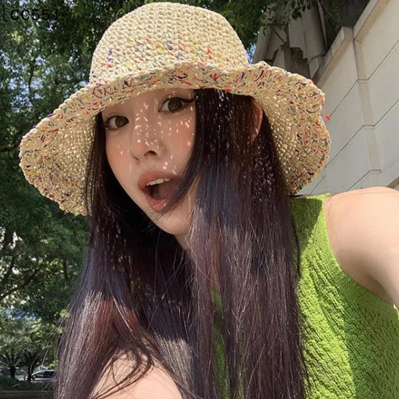 Handwoven Rainbow Straw Hat – Women's Wide Brim Beach Cap Wide Brim Sun Hat Qst