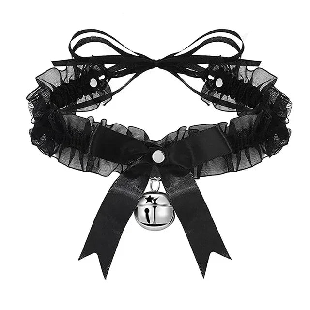 Lace Bow Knot Bell Choker Necklace | Cute Aesthetic Collar Choker Necklace Qme Black